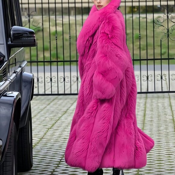 Fuchsia Women's Waterfall Neckline Long Faux Fur Coat - Picture 6 of 8